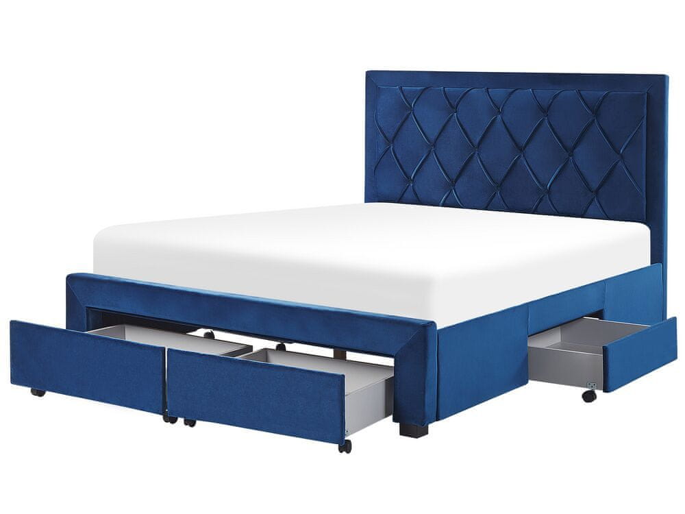 Beliani Zamatová posteľ s úložným priestorom 160 x 200 cm modrá LIEVIN